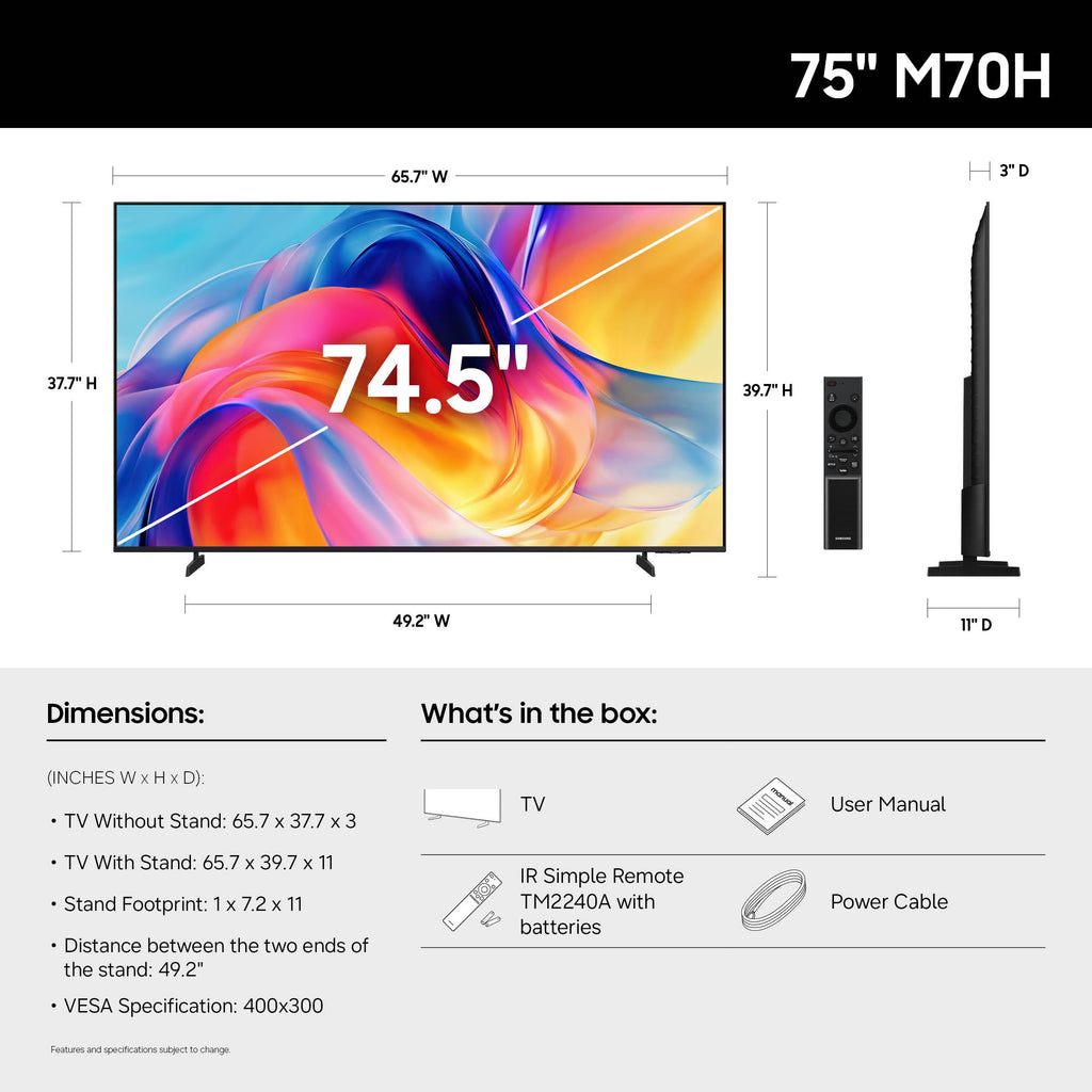 Samsung 75-Inch Class M70H Series, Mini LED, 4K, Smart TV, 2026 Model