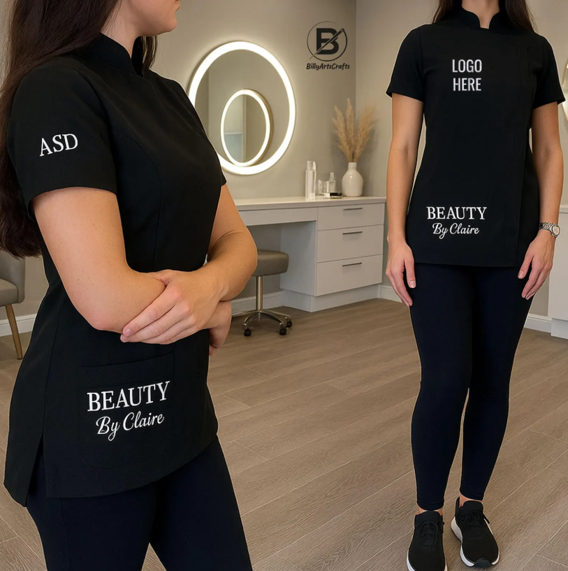 Custom Embroidered Beauty Tunic with Logo or Text, Personalised Salon Uniform for Lash Nail Techs, Spa Workwear, Aesthetician Gift for Her