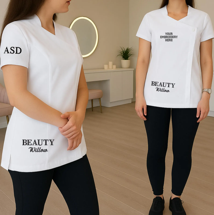 Custom Embroidered Beauty Tunic with Logo or Text, Personalised Salon Uniform for Lash Nail Techs, Spa Workwear, Aesthetician Gift for Her